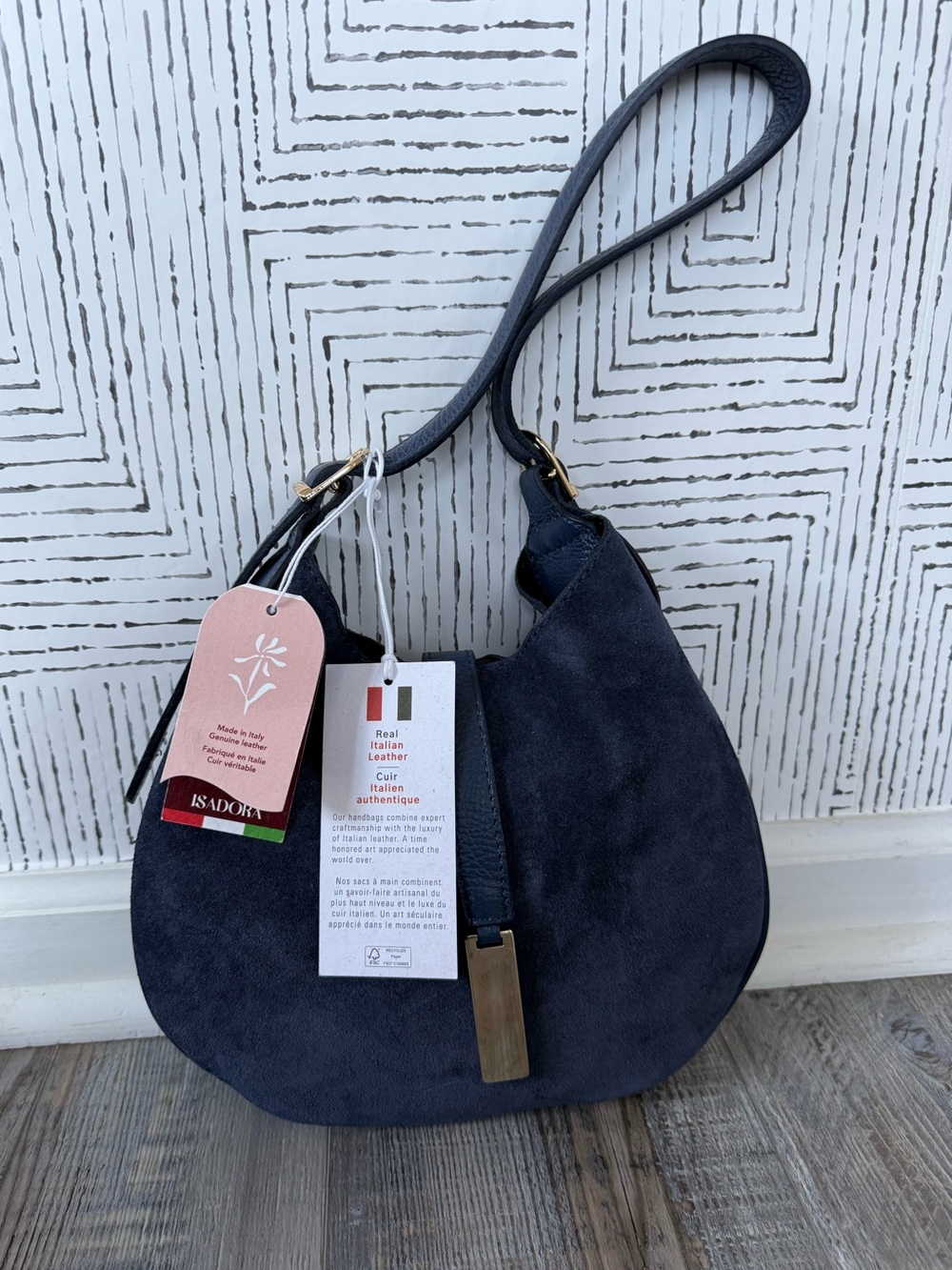 ISADORA Suede Crescent Shoulder Bag in Navy Blue with Gold Accents